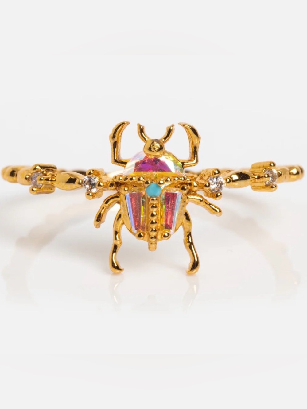 Gold-Tone Scarab Beetle Ring with Pink Aurora Crystal